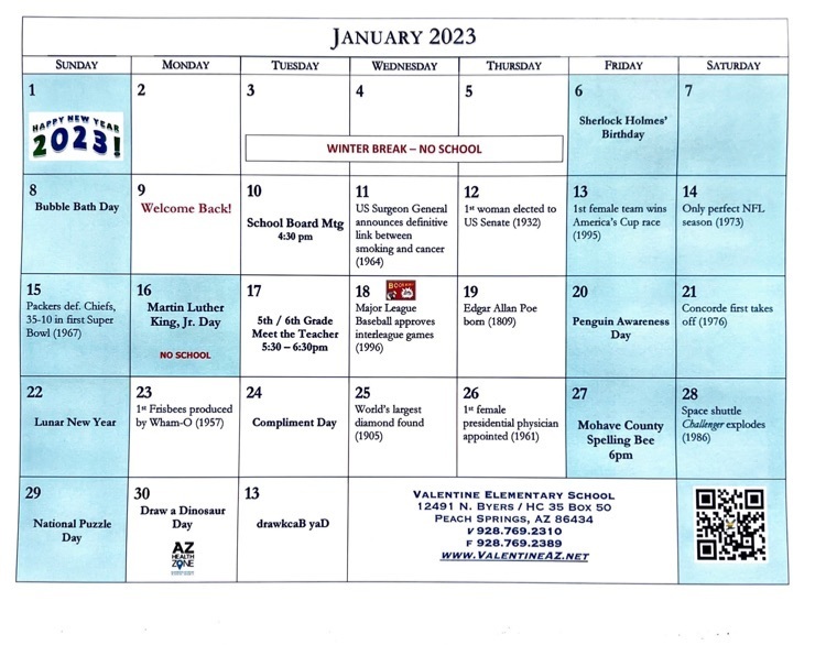 VESD January 2023 Calendar
